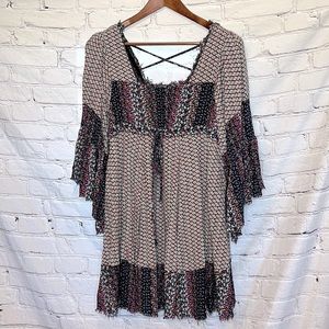 Freeway Black Pink Floral Drawstring Waist Long Sleeve Dress Size Medium